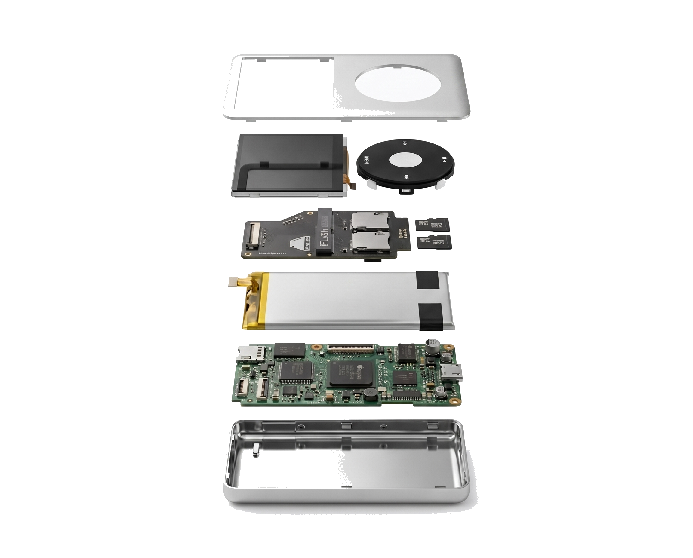 Exploded view of a restored iPod Classic showing all internal components