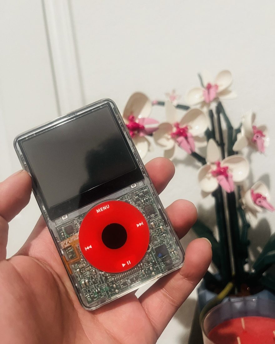 A clear-shell iPod Classic with a red click wheel, standing in front of orchids.